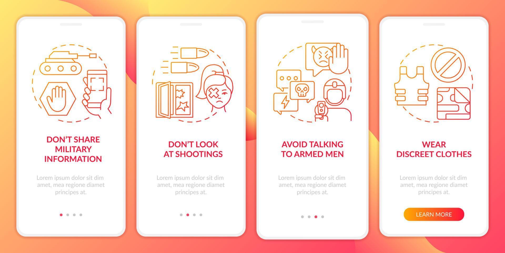 Actions during war red gradient onboarding mobile app screen. Survive walkthrough 4 steps graphic instructions pages with linear concepts. UI, UX, GUI template. vector