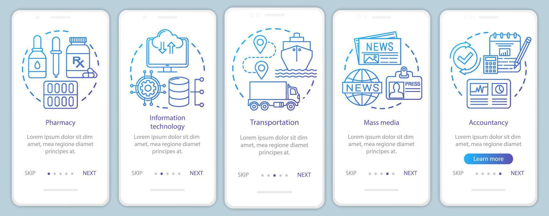 comodidad, industrias de servicios que incorporan la plantilla de vector de pantalla de página de aplicación móvil. servicios informativos. paso a paso del sitio web con ilustraciones lineales. concepto de interfaz de teléfono inteligente ux, ui, gui