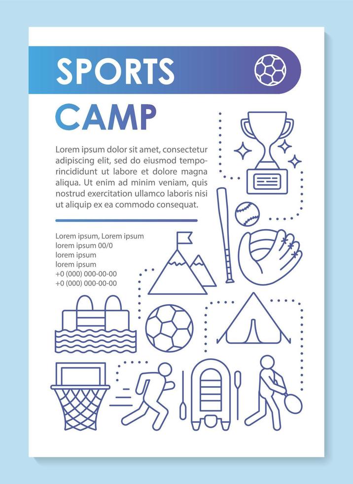 Sports camp, physical activity brochure template layout. Flyer, booklet, leaflet print design with linear illustrations. Vector page layouts for magazines, annual reports, advertising posters..