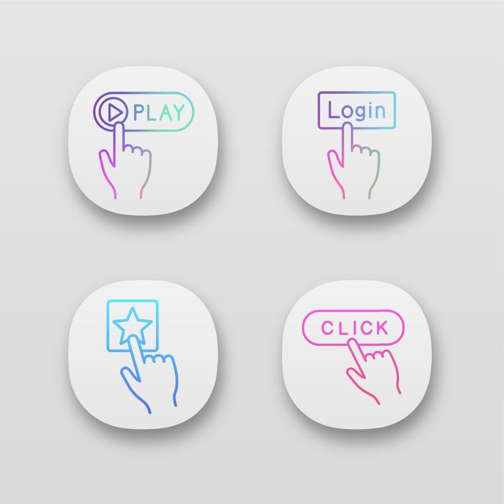 Click app icons set. UI UX user interface. Play, login, add to favorite. Web or mobile applications. Vector isolated illustrations