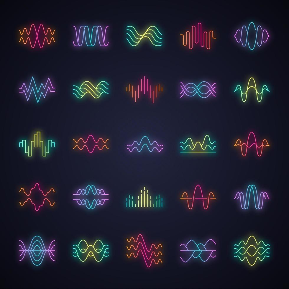 Sound and audio waves neon light icons set. Glowing signs. Music digital curve soundwaves. Voice recording, radio signals. Vibration, noise amplitudes level. Wavy lines. Vector isolated illustrations