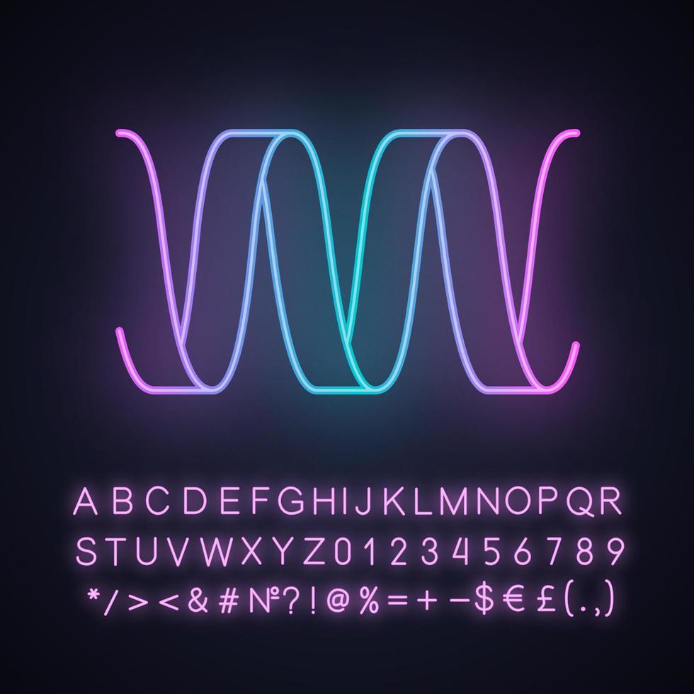 Sound wave neon light icon. Wavy ribbon line. Music, melody rhythm digital soundwave. Soundtrack playing abstract waveform. Glowing sign with alphabet, numbers and symbol. Vector isolated illustration