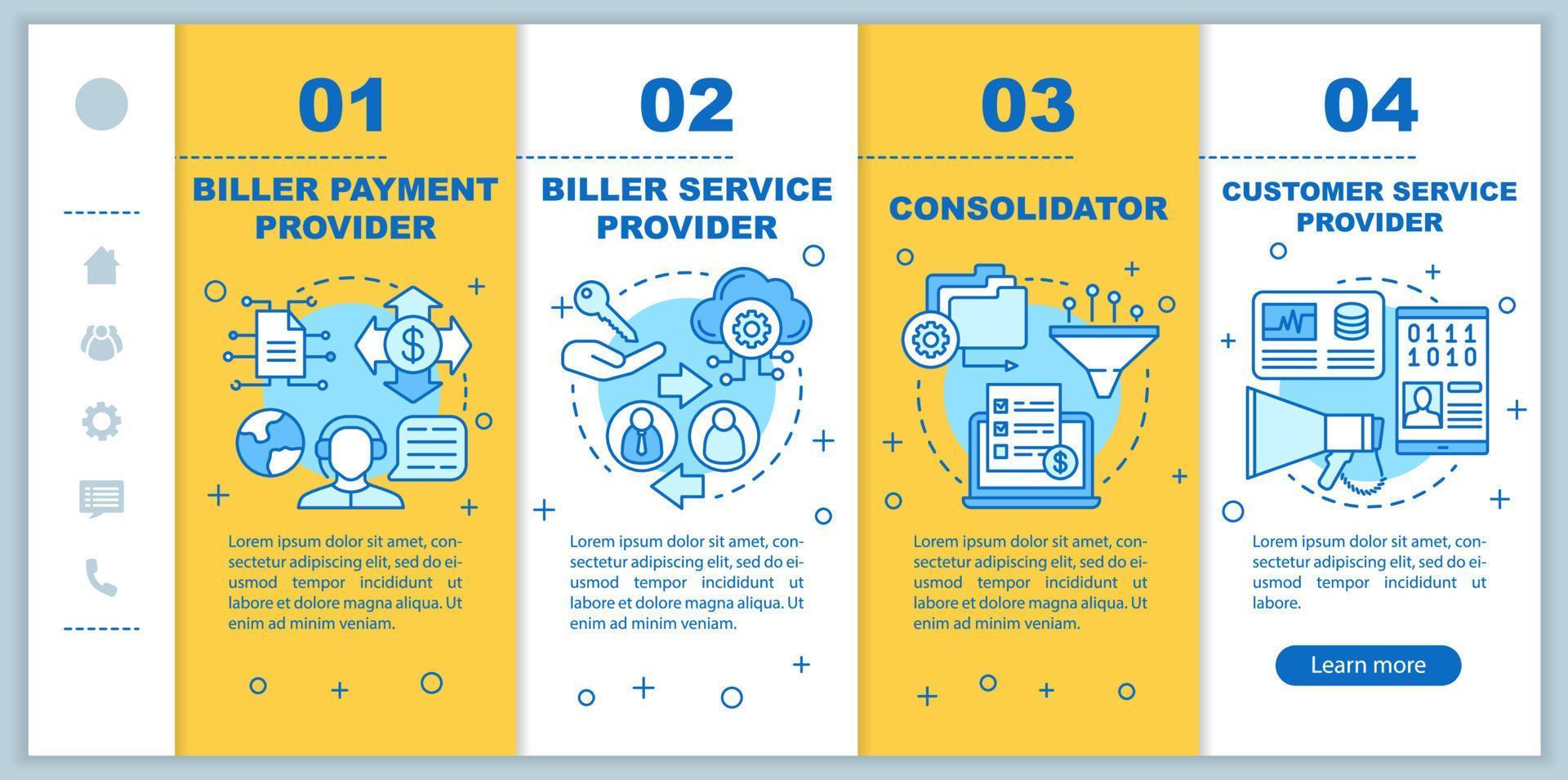 Billing services onboarding mobile web pages vector template. Responsive smartphone website interface idea with linear illustrations. Webpage walkthrough step screens. Color concept