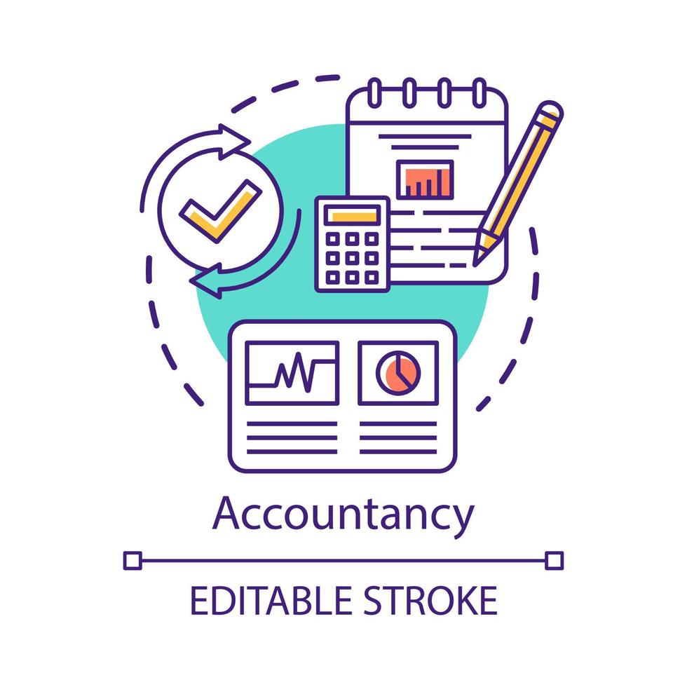 icono del concepto de contabilidad. planificación presupuestaria y financiera. mantener registros financieros. realizar auditorías. Ilustración de línea fina de idea de contabilidad. dibujo de contorno aislado vectorial. trazo editable vector