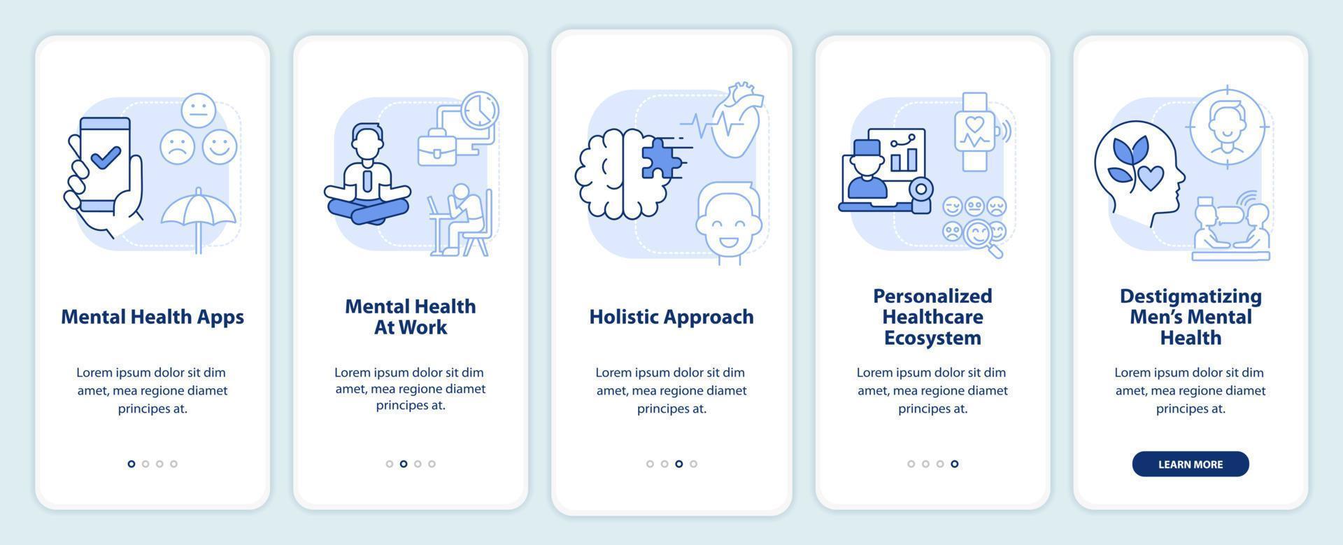 Tendencias de mejora de la salud mental pantalla de aplicación móvil de incorporación azul claro. tutorial 5 pasos páginas de instrucciones gráficas con conceptos lineales. interfaz de usuario, ux, plantilla de interfaz gráfica de usuario. vector