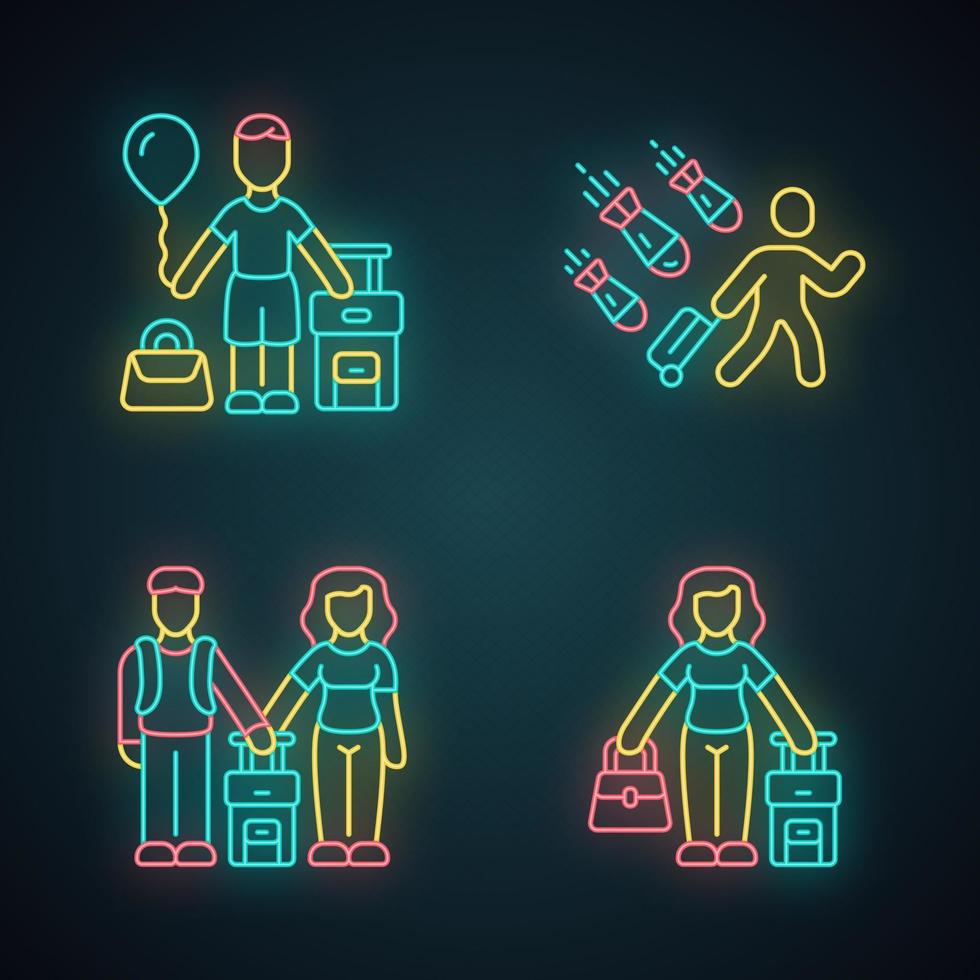 Refugees neon light icons set. Couple, kid travel abroad with suitcase. Tourist, passenger. Family trip, vacation, tourism. Immigrant child, family. Glowing signs. Vector isolated illustrations