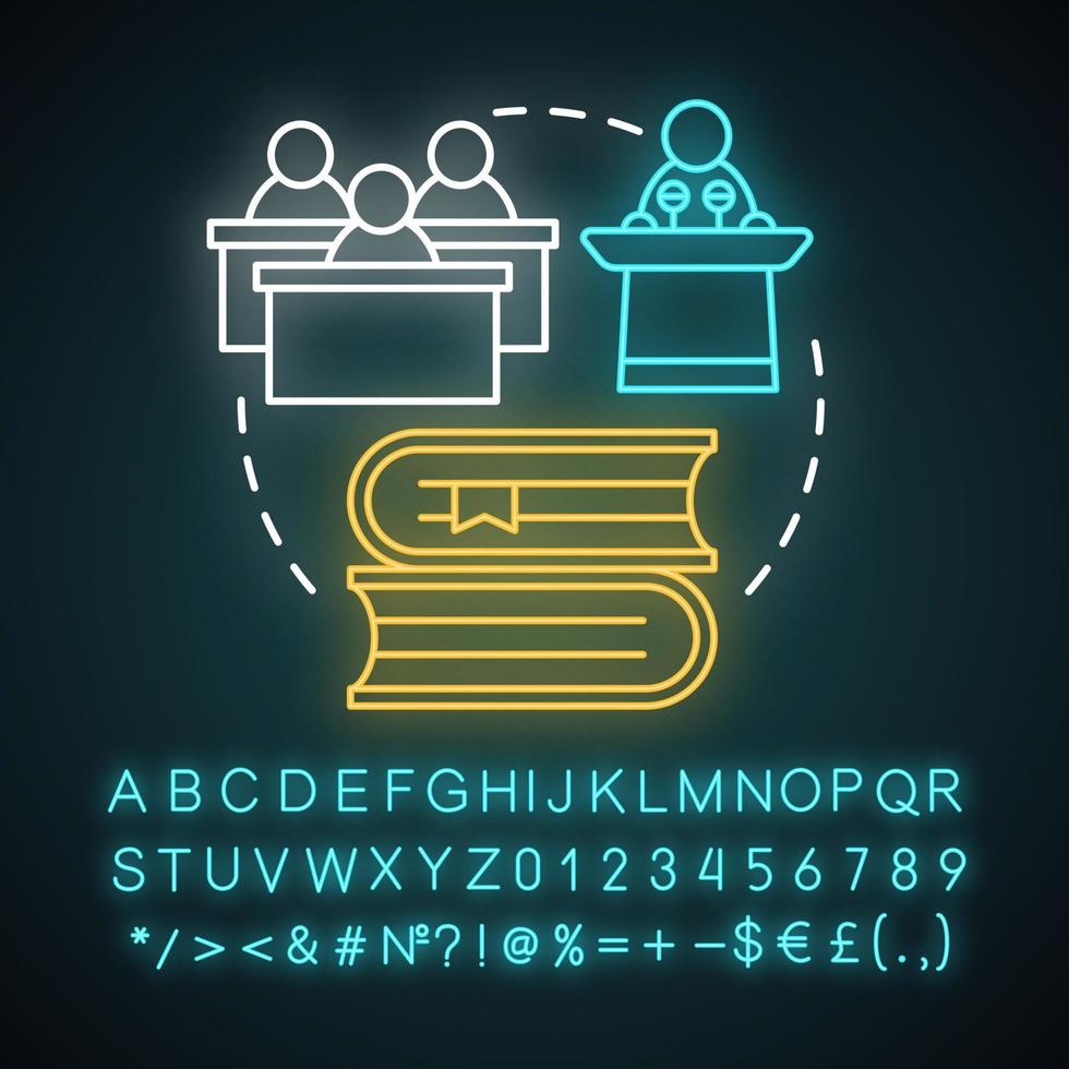 Academic camp neon light concept icon. Knowledge, educational club. Sharing learning experience idea. Glowing sign with alphabet, numbers and symbols. Vector isolated illustration