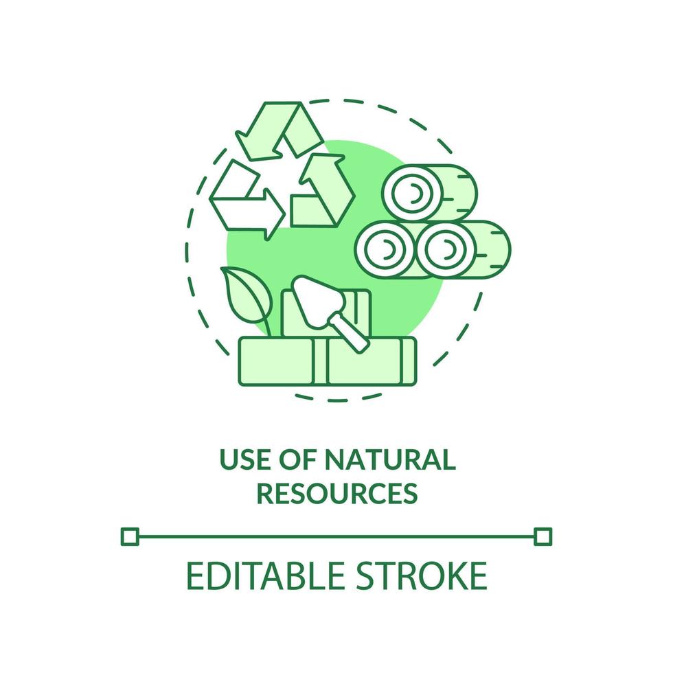 Use of natural resources green concept icon. Eco-friendly architecture principle abstract idea thin line illustration. Isolated outline drawing. Editable stroke. vector