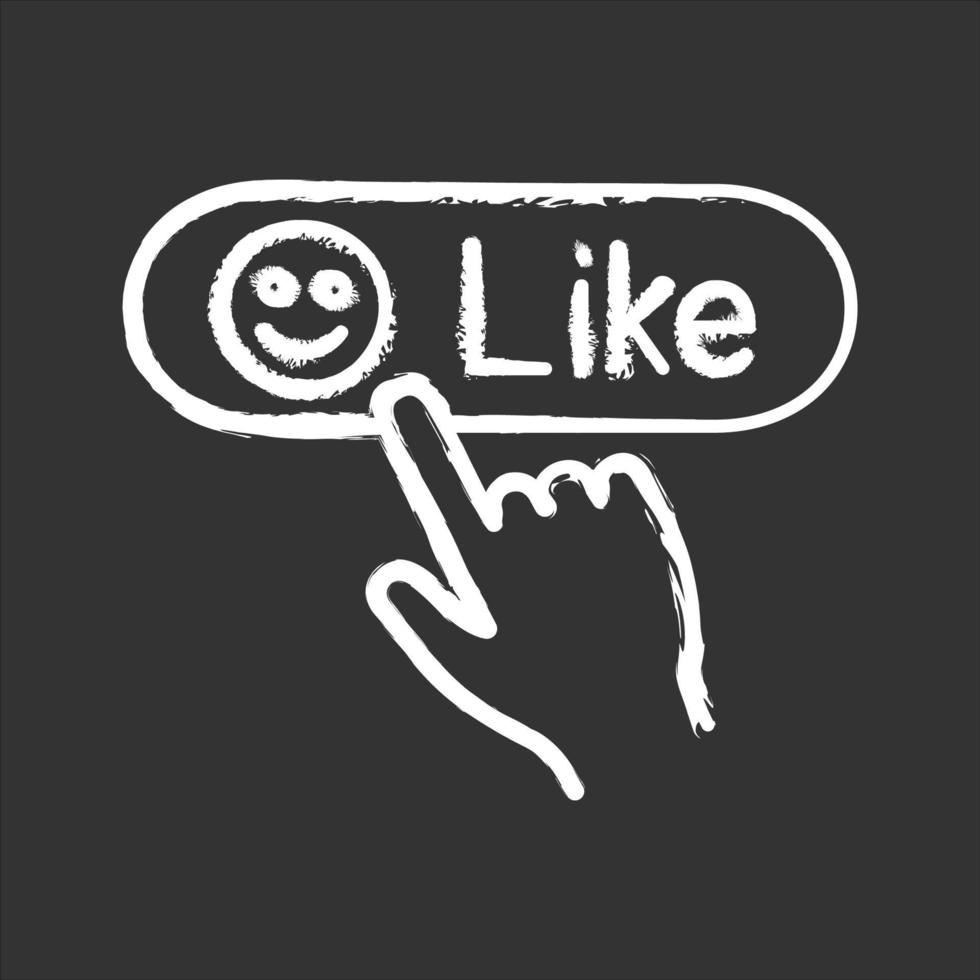 Like button click chalk icon. Positive comment. Hand pressing button. Isolated vector chalkboard illustrations