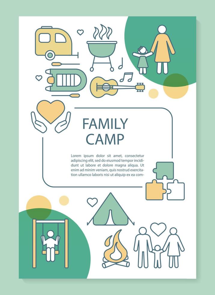 diseño de plantilla de folleto de campamento familiar, padres e hijos. folleto, folleto, diseño de impresión de folleto con ilustraciones lineales. diseños de página vectorial para revistas, informes anuales, carteles publicitarios... vector