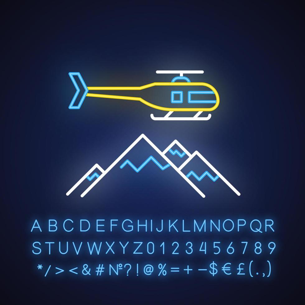 Heli skiing neon light icon. Winter extreme sport, risky activity and adventure. Flying helicopter and mountains peaks. Glowing sign with alphabet, numbers and symbols. Vector isolated illustration