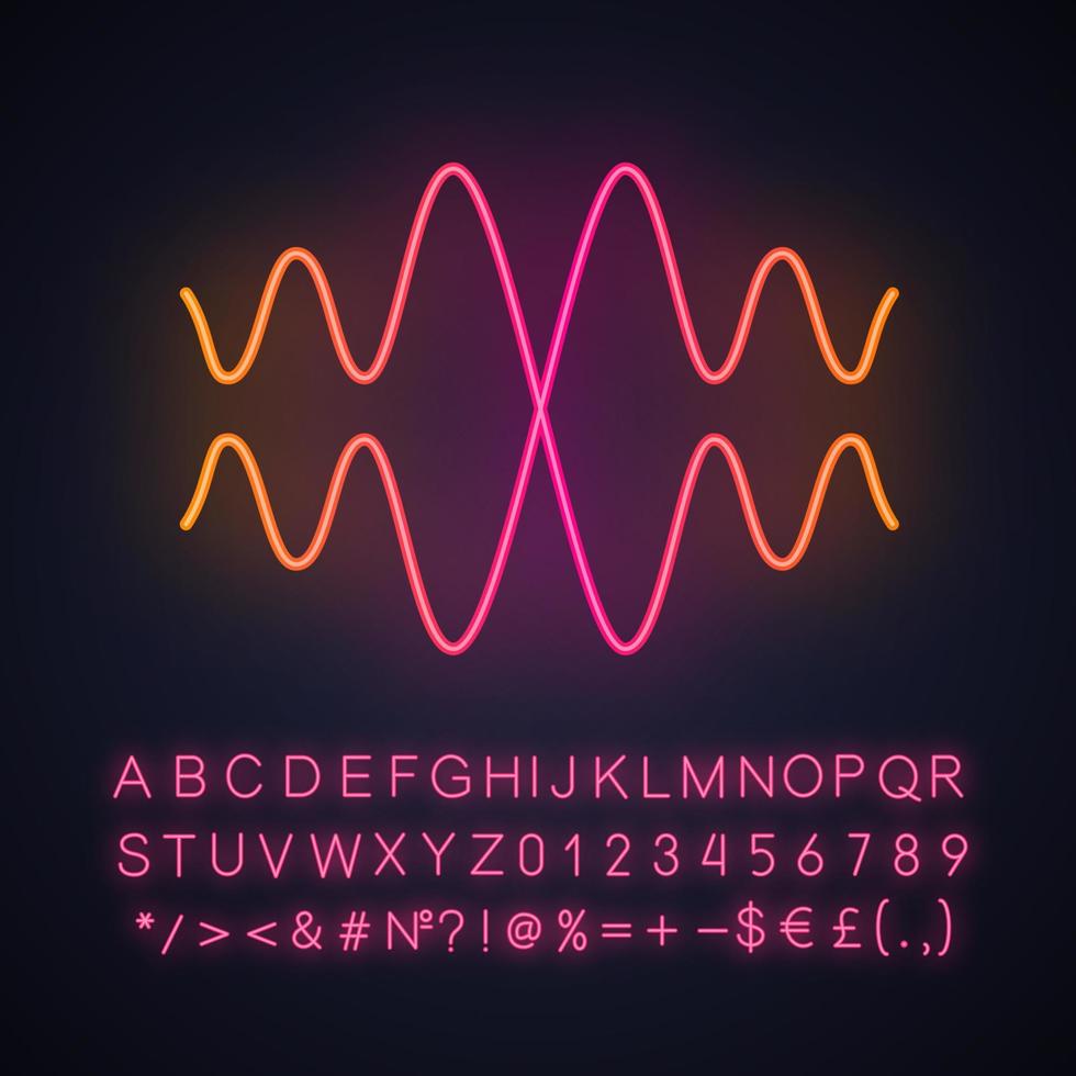 Sound, audio wave neon light icon. Vibration, noise amplitude. Music rhythm frequency. Radio signal. Energy flow wavy lines. Glowing sign with alphabet, numbers, symbols. Vector isolated illustration