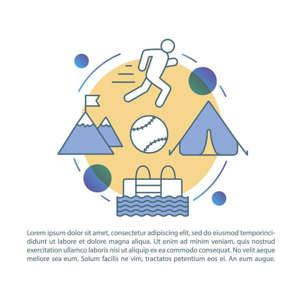 Bootcamp, physical activity camp article page vector template. Brochure, magazine, booklet design element with linear icons and text boxes. Print design. Concept illustrations with text space