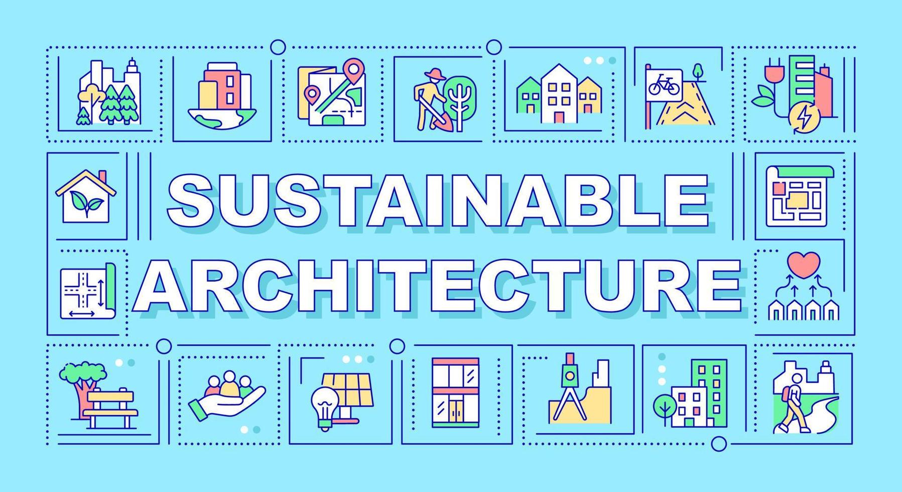 Sustainable architecture word concepts turquoise banner. Renewable energy. Infographics with icons on color background. Isolated typography. Vector illustration with text.