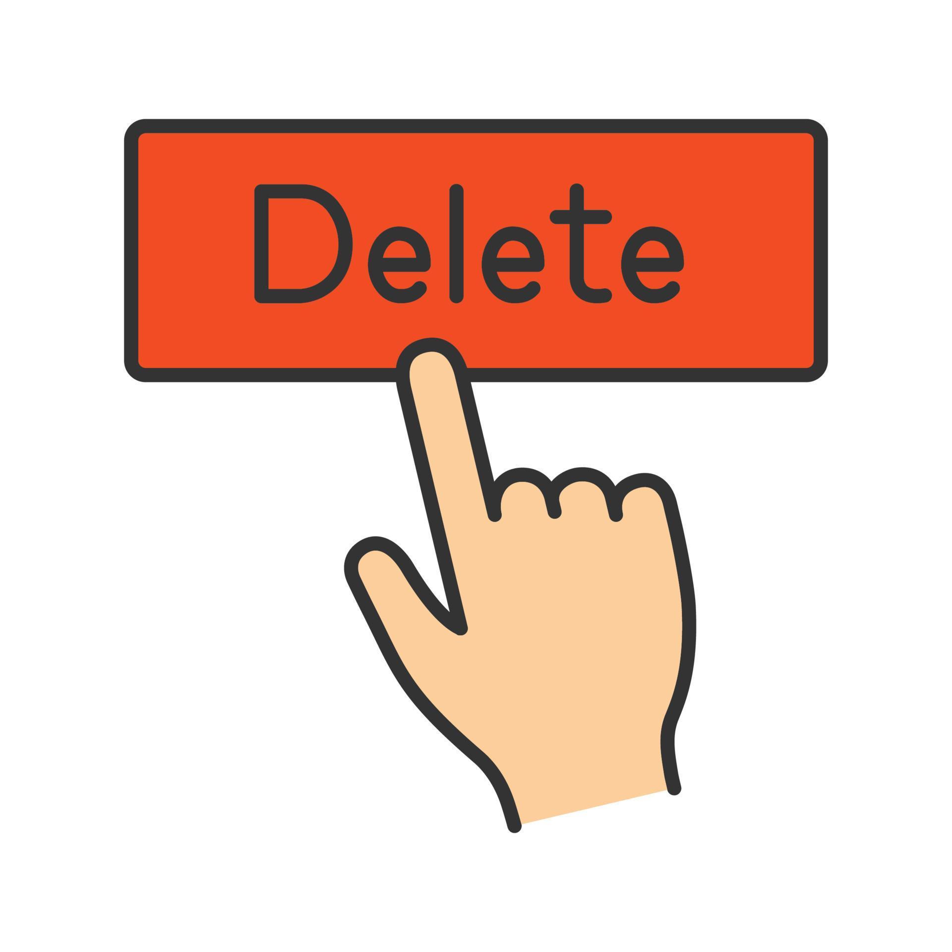 Delete button click color icon. Del. Hand pressing button. Isolated ...