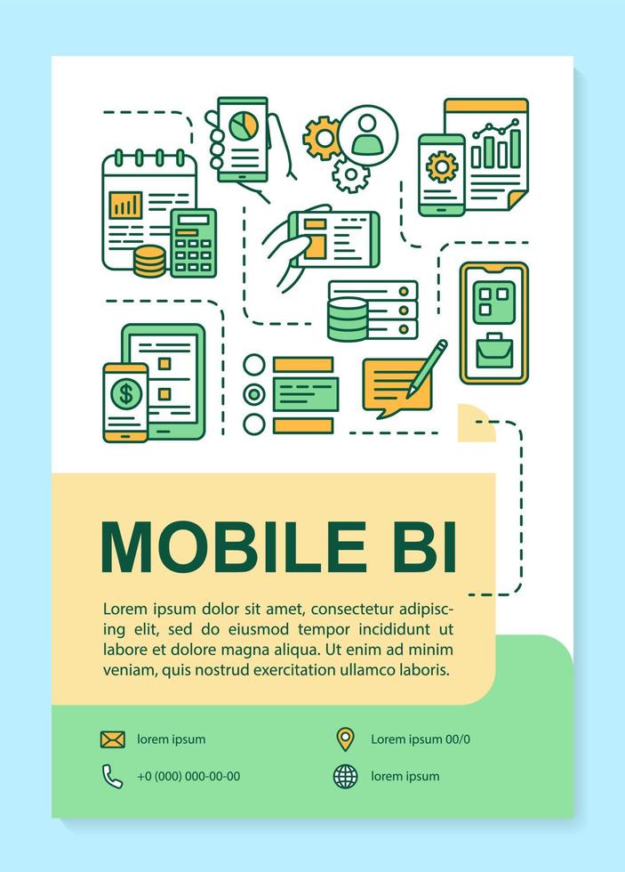 Mobile BI poster template layout. Business Intelligence. Data analyzing. Banner, booklet, leaflet print design with linear icons. Vector brochure page layout for magazines, advertising flyers