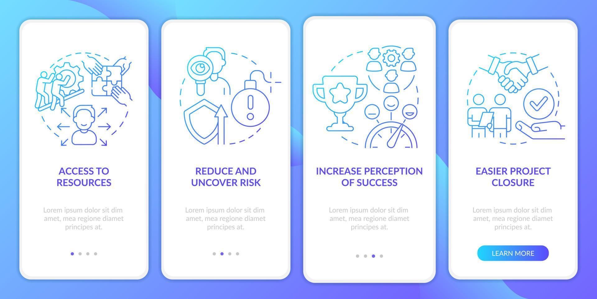 Stakeholder management benefits blue gradient onboarding mobile app screen. Walkthrough 4 steps graphic instructions with linear concepts. UI, UX, GUI template. vector