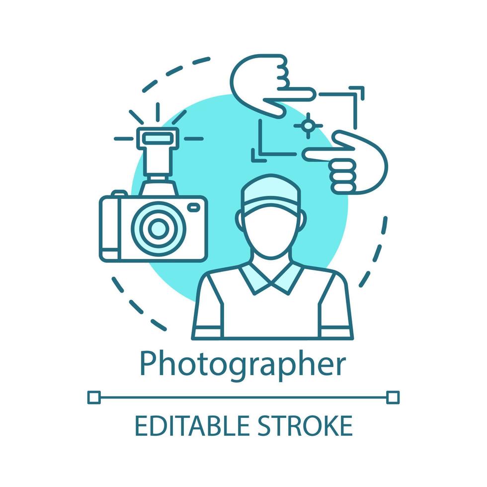 Photographer concept icon. Operator, correspondent idea thin line illustration. Digital camera, photo equipment. Photo journalist, reporter. Vector isolated outline drawing. Editable stroke