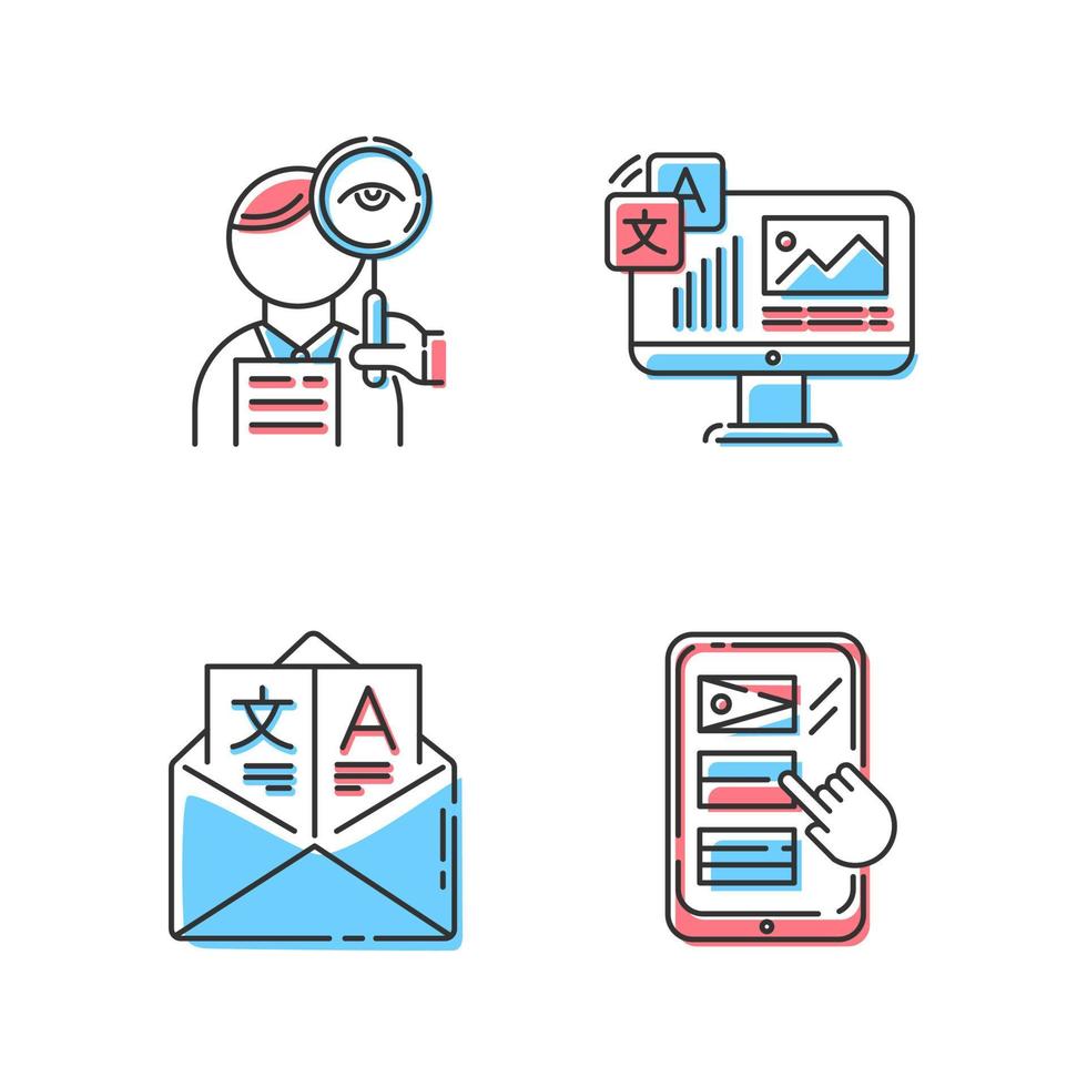 Translation color icons set. Proofreading, website localization. Multilingual online dictionary mobile app. Email translation, DTP services. Isolated vector illustrations
