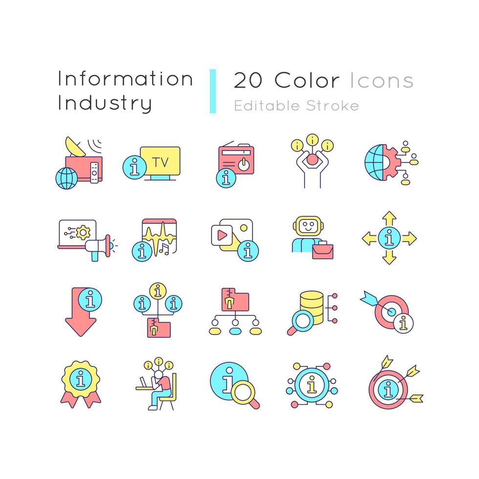 Information industry RGB color icons set. Data management. Knowledge overload. Isolated vector illustrations. Simple filled line drawings collection. Editable stroke. Quicksand-Light font used