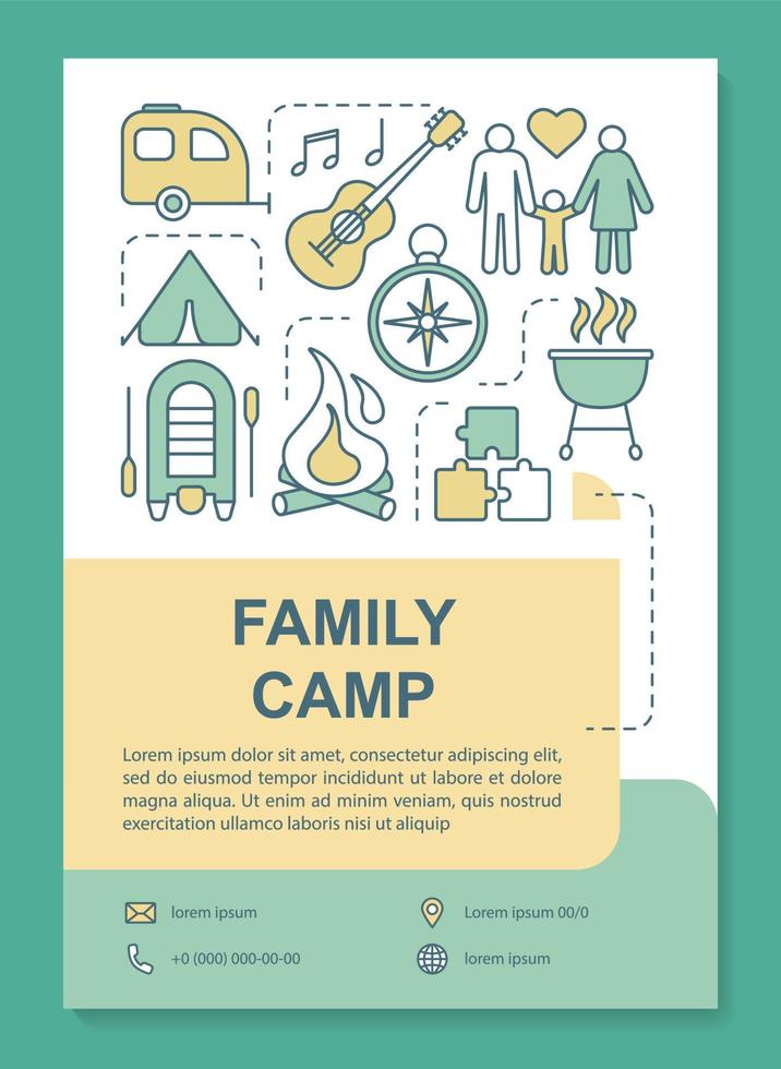 familia, diseño de plantilla de folleto de aventura de camping al aire libre. folleto, folleto, diseño de impresión de folleto con ilustraciones lineales. diseños de páginas vectoriales para revistas, informes anuales, carteles publicitarios vector