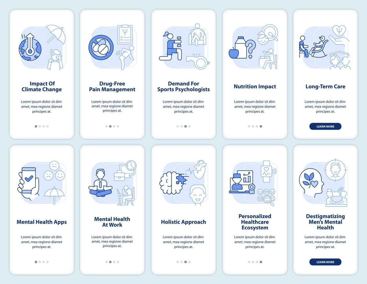 Trends in psychology light blue onboarding mobile app screen set. Walkthrough 5 steps graphic instructions pages with linear concepts. UI, UX, GUI template. vector