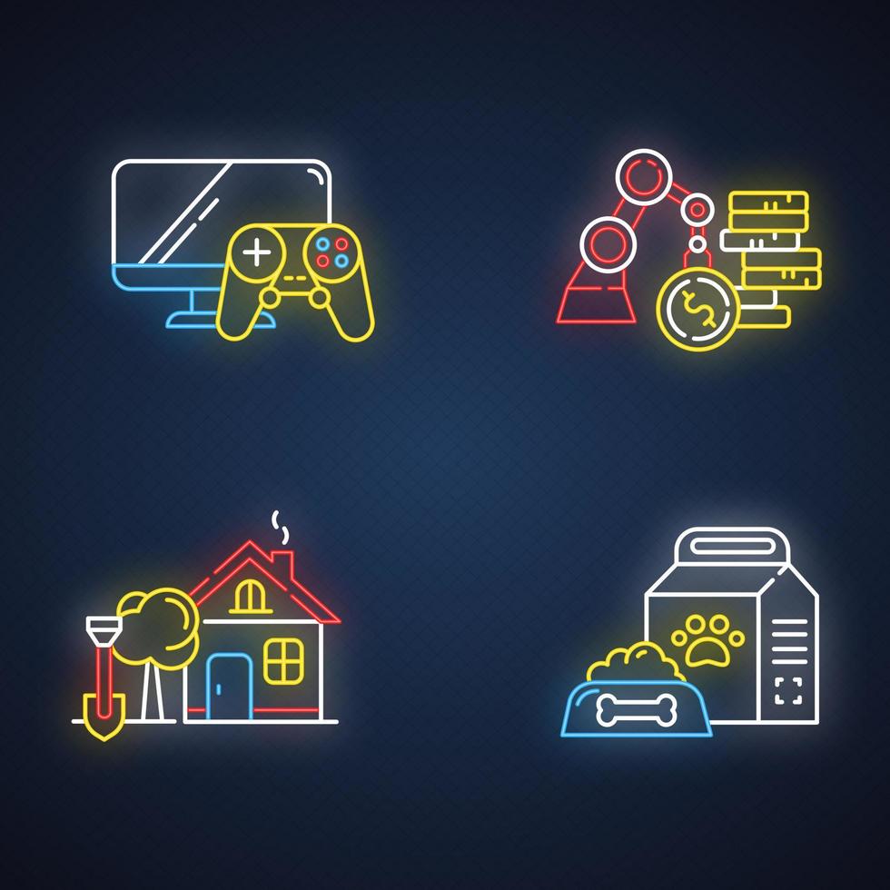 E commerce departments neon light icons set. Online shopping categories. Pet supplies. Home and garden. Business and industrial. Video games and consoles. Glowing signs. Vector isolated illustrations