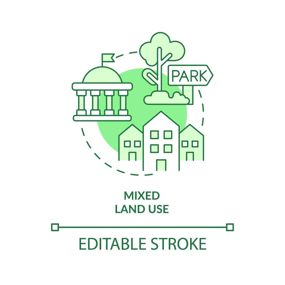 Mixed land use green concept icon. Creating eco-friendly cities abstract idea thin line illustration. Public spaces. Isolated outline drawing. Editable stroke. vector