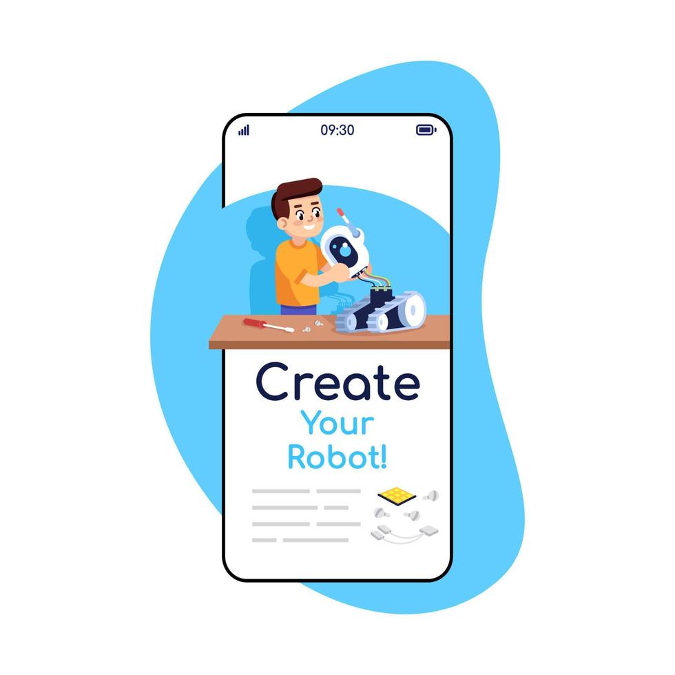 Create your robot social media posts smartphone app screen. Mobile phone displays with cartoon characters design mockup. Assembly instructions for constructor application telephone interface vector