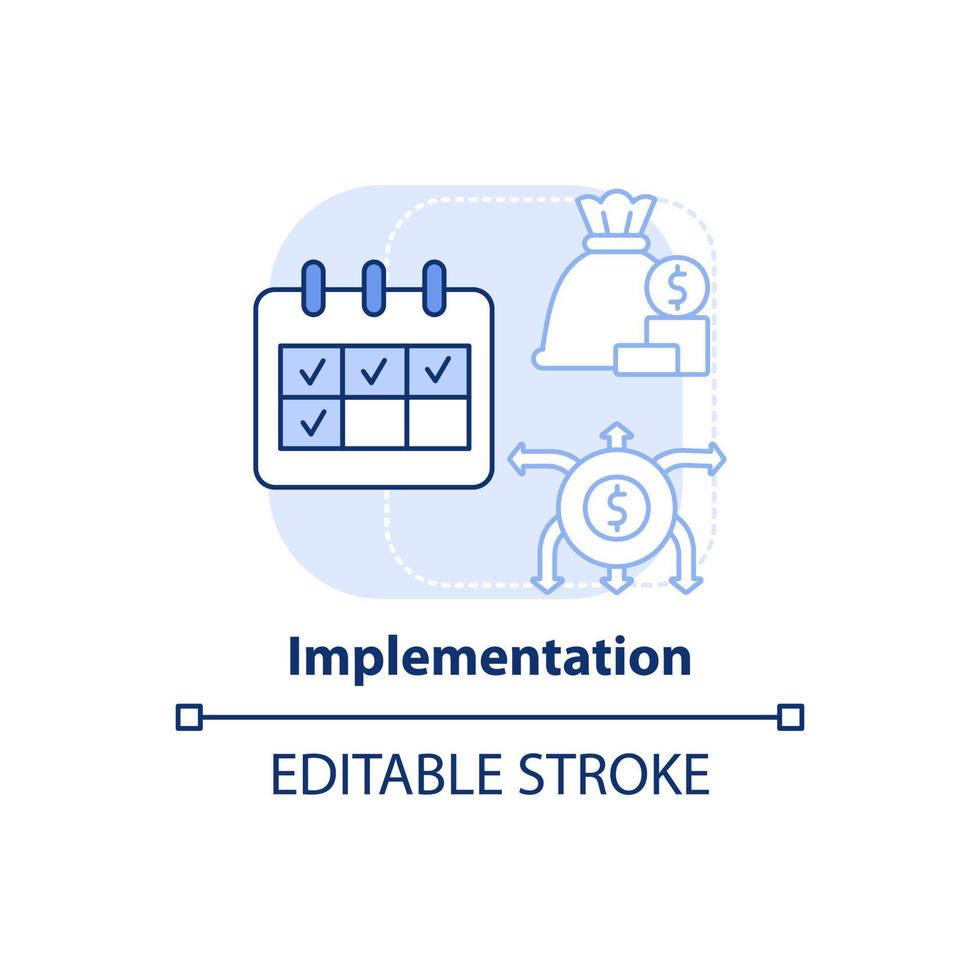 icono de concepto azul claro de implementación. plan financiero modificado. proceso de presupuestación idea abstracta ilustración de línea delgada. dibujo de contorno aislado. trazo editable. vector