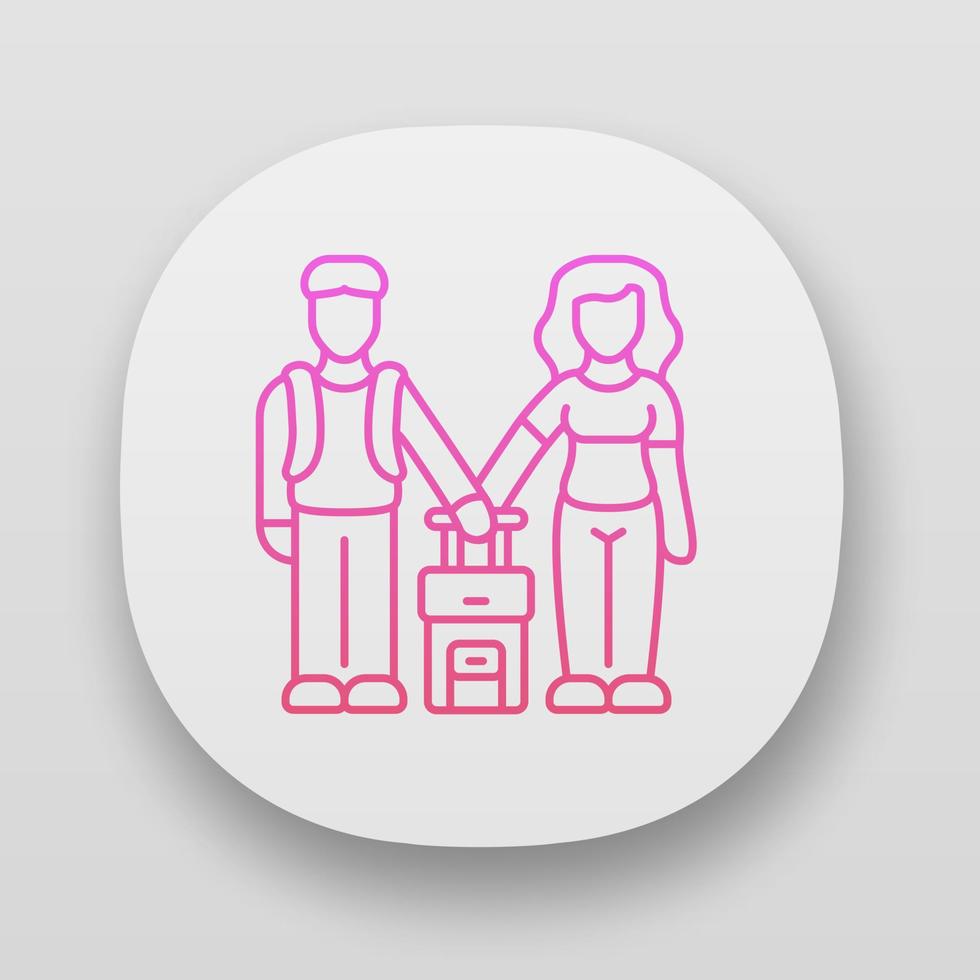 icono de la aplicación de inmigrantes de clase familiar. pareja viaja al extranjero con maleta. vacaciones familiares, turismo. turistas, viajeros. interfaz de usuario ui ux. aplicaciones web o móviles. Ilustraciones de vectores aislados