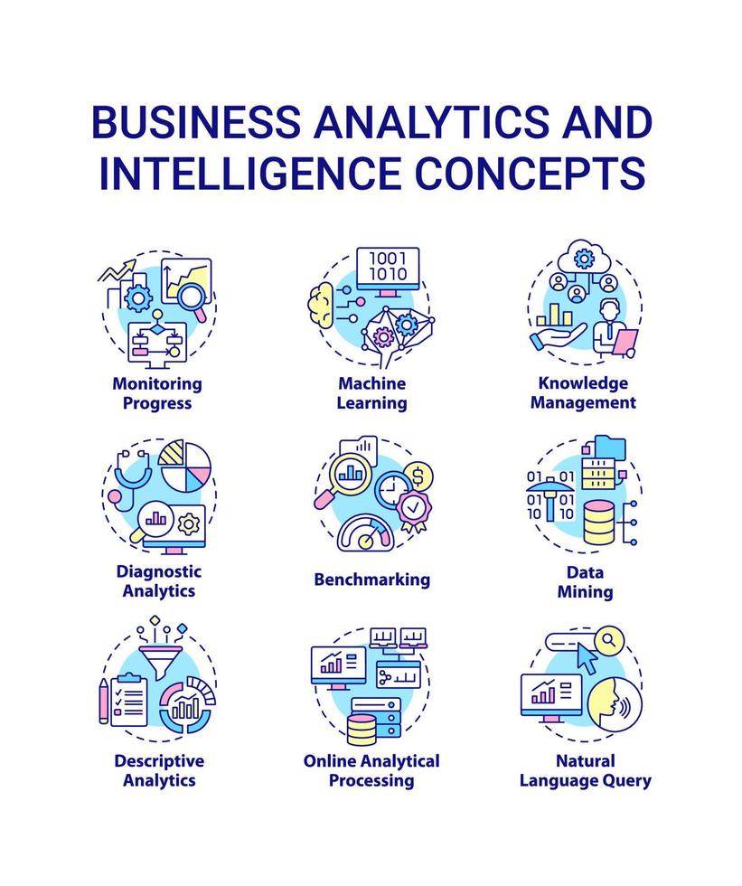 Business analytics and intelligence concept icons set. Diagnostic analysis idea thin line color illustrations. Isolated symbols. Editable stroke. vector