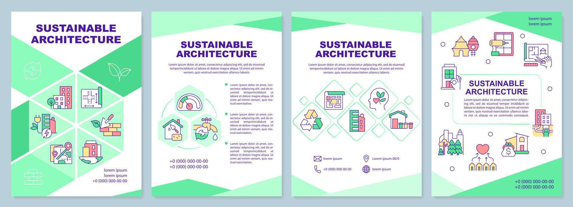 Sustainable architecture green brochure template. Protect environment. Leaflet design with linear icons. 4 vector layouts for presentation, annual reports.