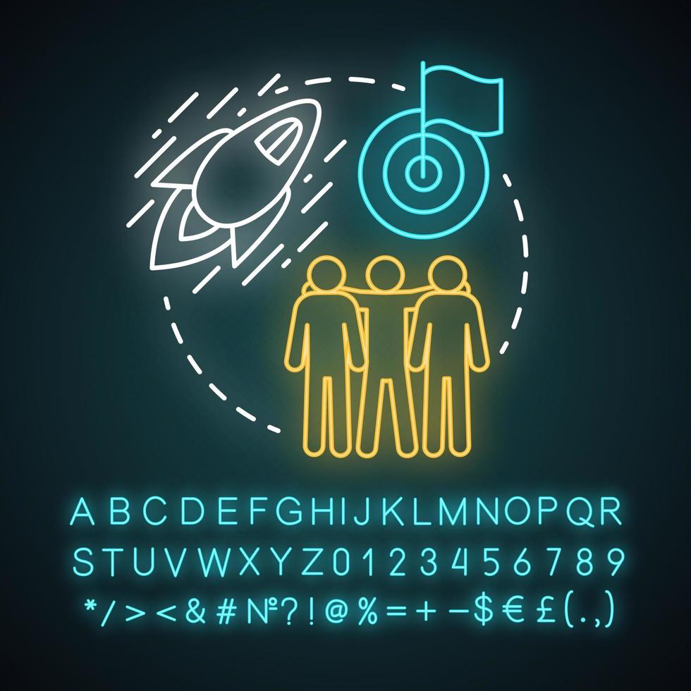 Startup camp neon light concept icon. Investors, shareholders help. Company, business employee bootcamp idea. Glowing sign with alphabet, numbers and symbols. Vector isolated illustration