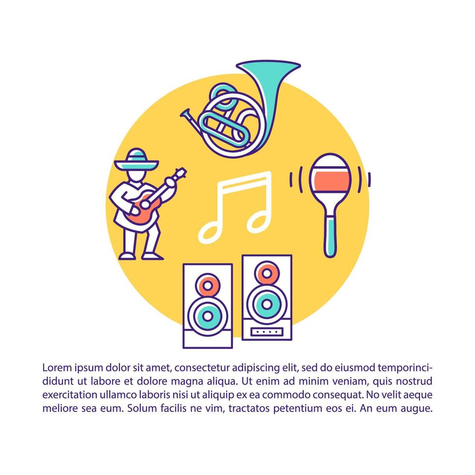 Music performance article page vector template. Festival, concert. Brochure, magazine, booklet design element with linear icons and text boxes. Print design. Concept illustrations with text space