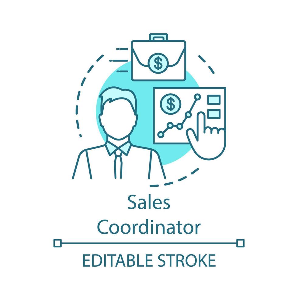 Sales coordinator concept icon. Customer support representative, specialist idea thin line illustration. Salesman, marketer. Progress monitoring. Vector isolated outline drawing. Editable stroke