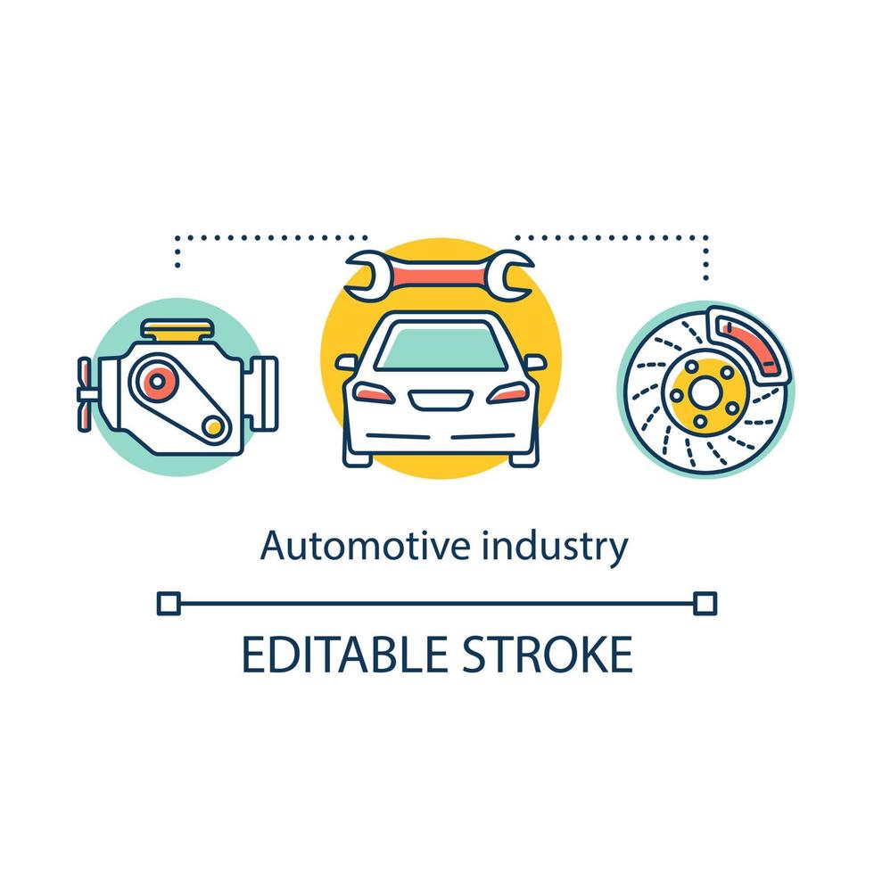 Automotive industry concept icon. Development and assembly of motor vehicles. Car maintenance. Automobile repair shop idea thin line illustration. Vector isolated outline drawing. Editable stroke