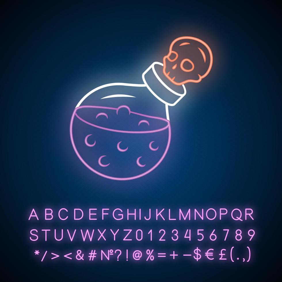 Death potion neon light icon. Alchemy and apothecary liquid bottle with skull. Magical elixir, poison. Occultism witchcraft spell. Glowing sign with alphabet, numbers. Vector isolated illustration