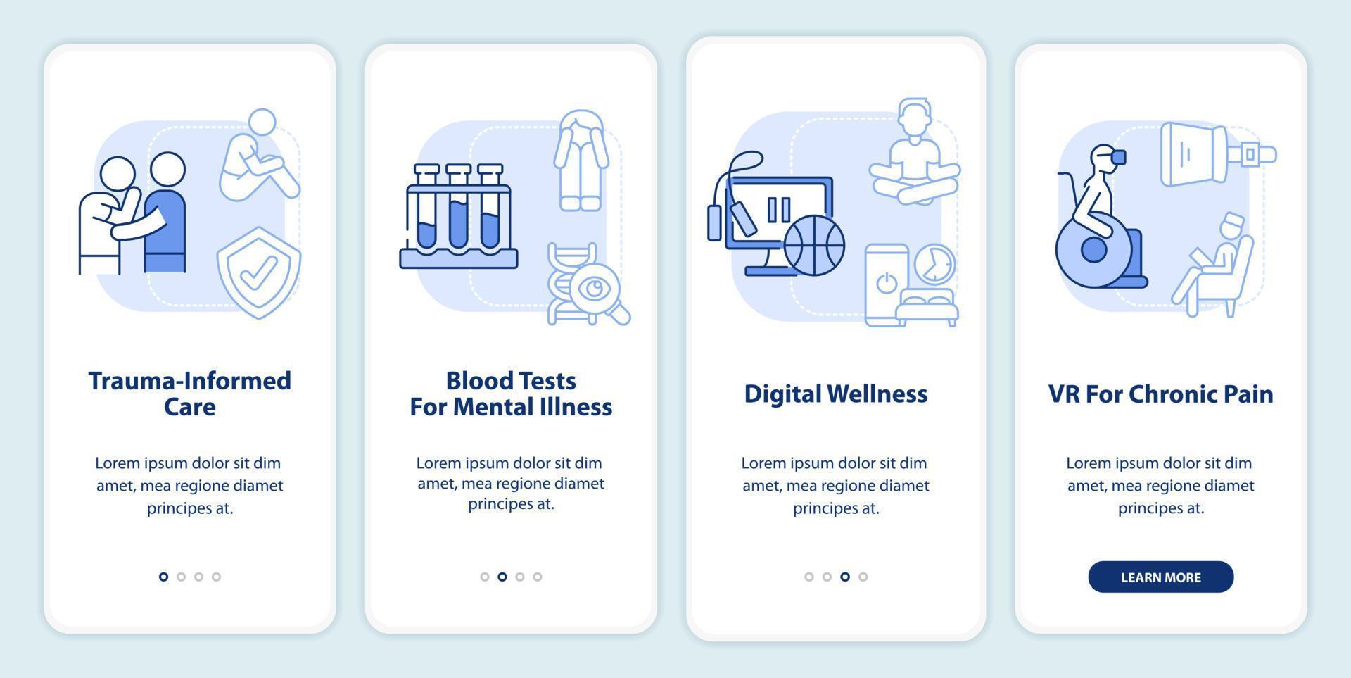 Tendencias de salud mental pantalla de aplicación móvil de incorporación azul claro. tutorial de psicología 4 pasos páginas de instrucciones gráficas con conceptos lineales. interfaz de usuario, ux, plantilla de interfaz gráfica de usuario. vector