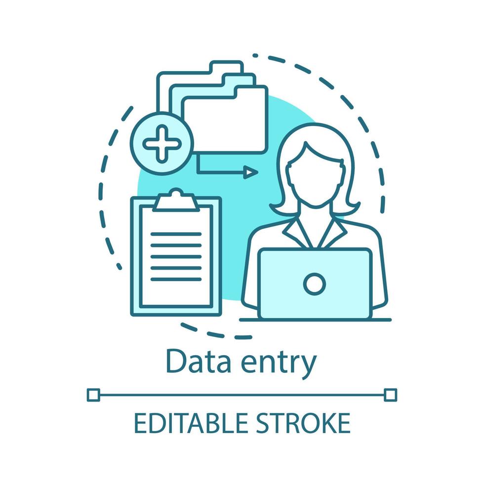 Data entry concept icon. Typist, transcriber, clerk idea thin line illustration. Part-time employment, freelance. Secretary, personal assistant. Vector isolated outline drawing. Editable stroke