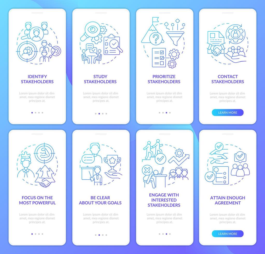 Stakeholder blue gradient onboarding mobile app screen set. Walkthrough 4 steps graphic instructions pages with linear concepts. UI, UX, GUI template. vector