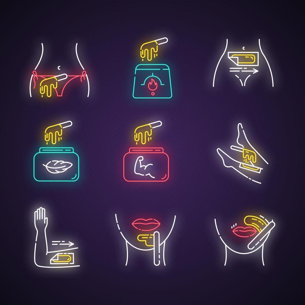 Waxing neon light icons set. Bikini, leg, upper lip, chin hair removal. Cold, hot wax in jar with spatula. Depilation equipment. Professional cosmetics. Glowing signs. Vector isolated illustrations