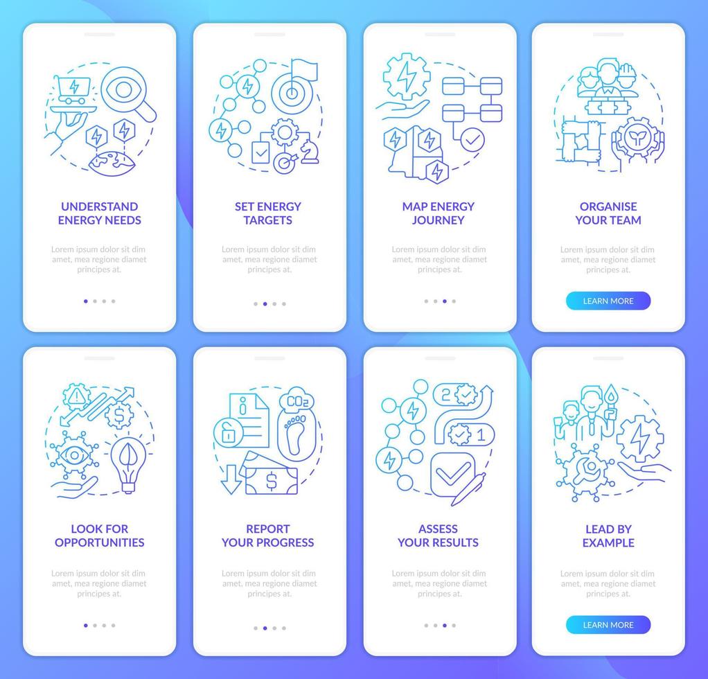 Energy strategy blue gradient onboarding mobile app screen set. Walkthrough 4 steps graphic instructions pages with linear concepts. UI, UX, GUI template. vector