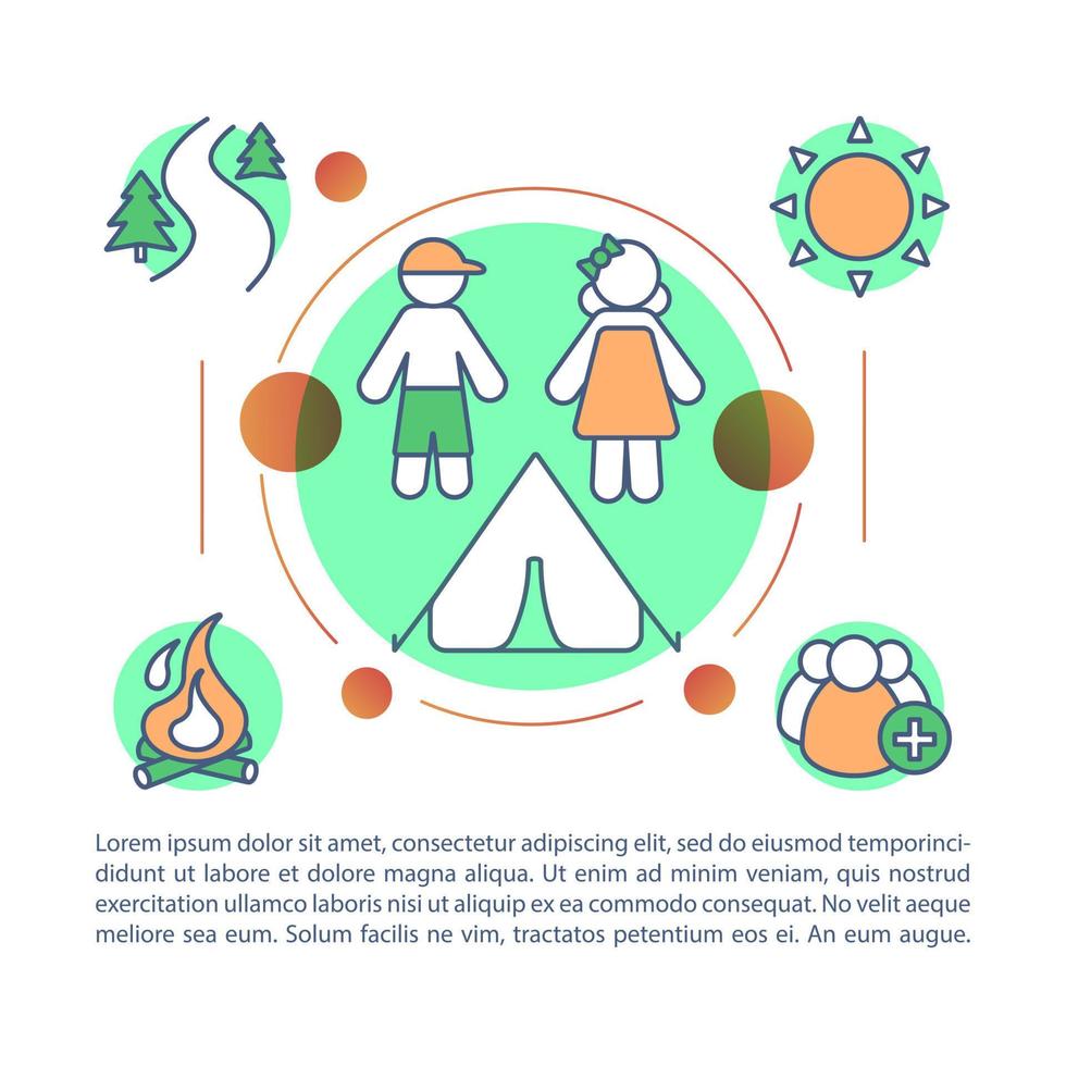 campamento de niños, vacaciones, plantilla de vector de página de artículo de resort de vacaciones. folleto, revista, elemento de diseño de folleto con iconos lineales y cuadros de texto. diseño de impresión. ilustraciones conceptuales con espacio de texto