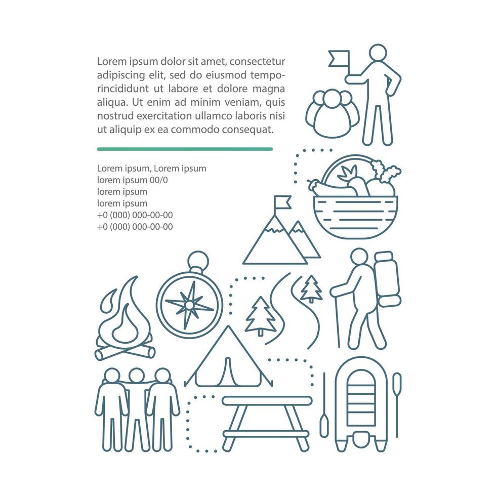Summer camp, vacation, holiday article page vector template. Brochure, magazine, booklet design element with linear icons and text boxes. Print design. Concept illustrations with text space