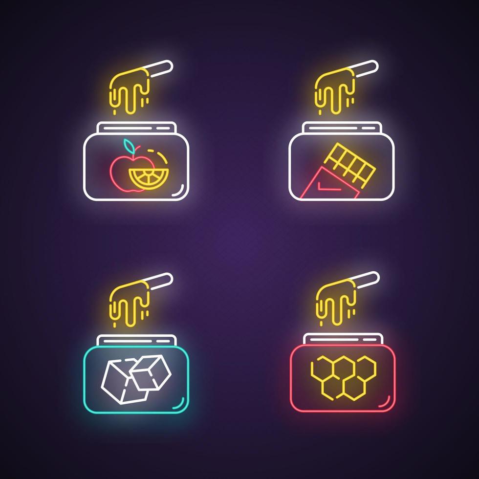 Hard cold waxing neon light icons set. Natural fruit, sugar, honey, chocolate wax in jar with spatula. Hair removal equipment. Tools for depilation. Glowing signs. Vector isolated illustrations