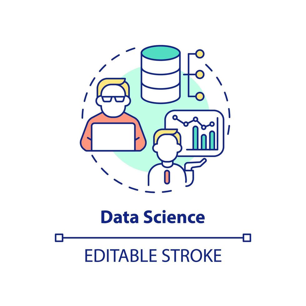 Data science concept icon. Learning top digital skill abstract idea thin line illustration. Big data analysis, processing. Isolated outline drawing. Editable stroke. vector