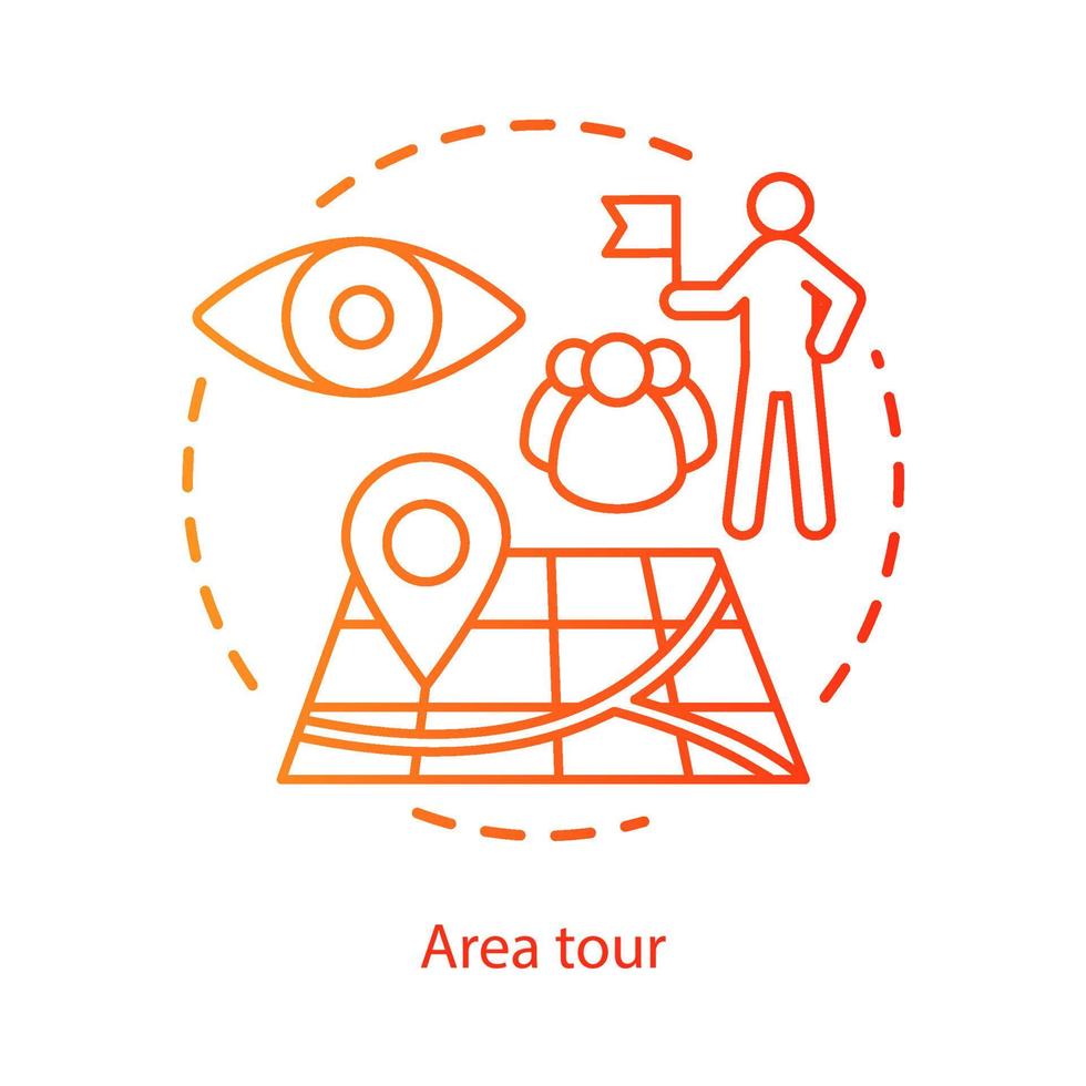 Area tour in city concept icon. Tourism, visiting sights, landmarks idea thin line illustration. Guide leading tourists group, showing attractions. Vector isolated outline drawing. Editable stroke..