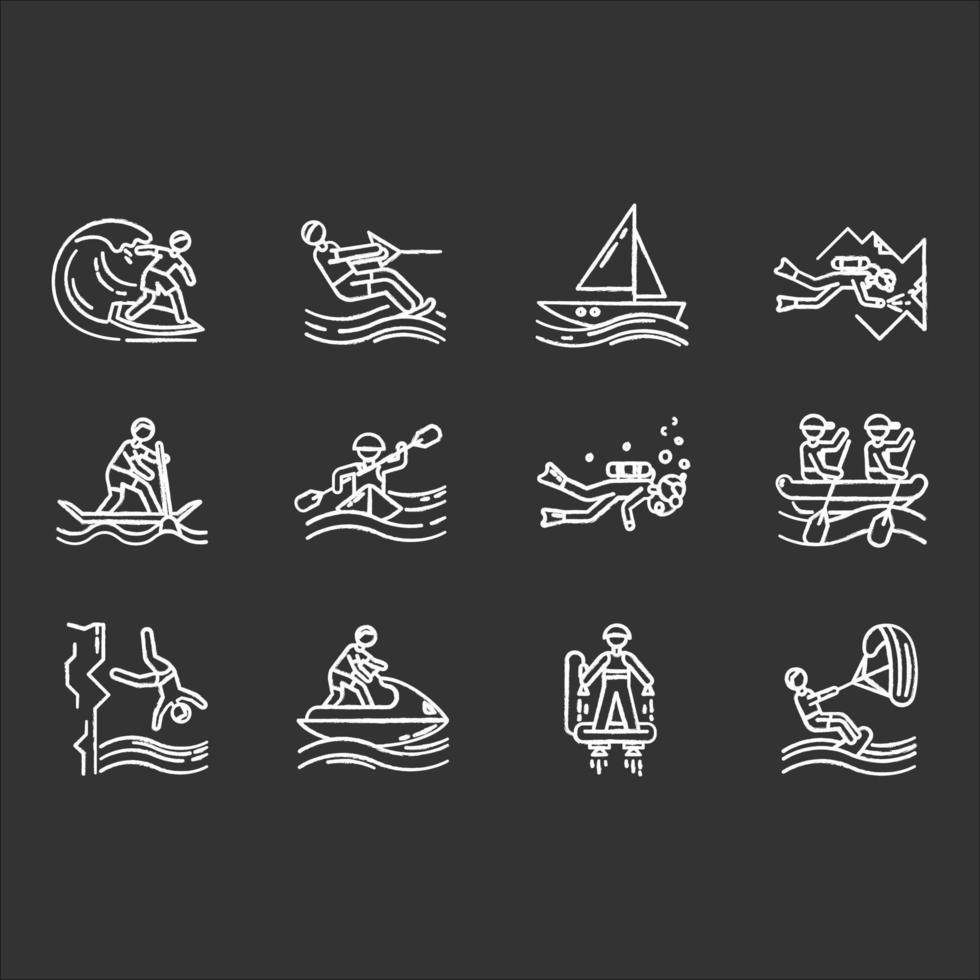 Watersports chalk icons set. Cave diving, kiteboarding,flyboarding and jet skiing. Cliff jumping and paddle surfing. Watercraft and extreme kinds of sport.Isolated vector chalkboard illustrations