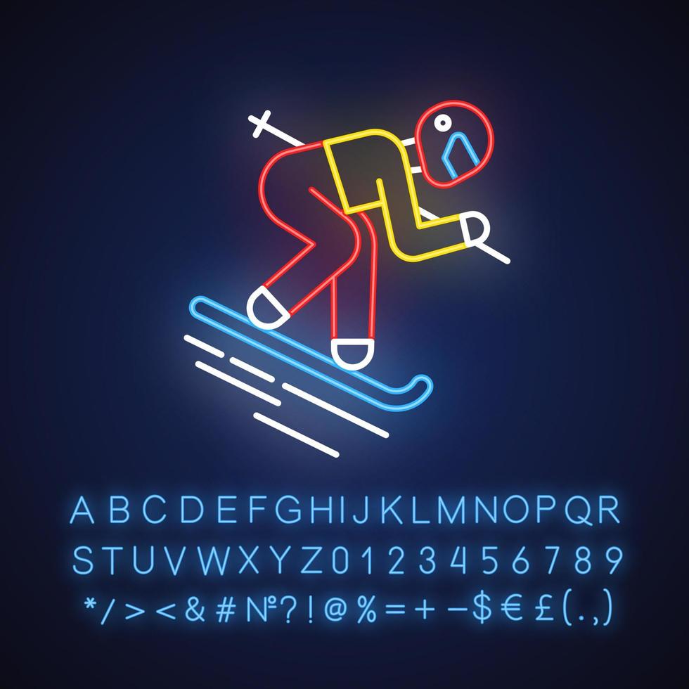 Skiing neon light icon. Winter extreme sport, risky activity and adventure. Cold seasonal outdoor dangerous leisure and hobby. Glowing sign with alphabet, numbers. Vector isolated illustration